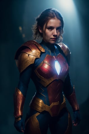 portrait, yellow and blue armor superhero, swept back brown hair, wearing black and red skintight, combat outfit, full body portrait, dim volumetric lighting, intricate, epic composition, cinematic lighting, deep color, fantastical, splash screen, complementary colors, fantasy concept art, chiaroscuro, bioluminescent