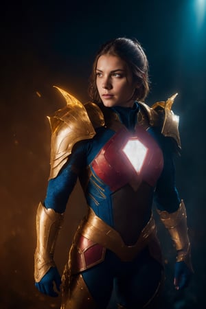 portrait, yellow and blue armor superhero, swept back brown hair, wearing black and red skintight, combat outfit, full body portrait, dim volumetric lighting, intricate, epic composition, cinematic lighting, deep color, fantastical, splash screen, complementary colors, fantasy concept art, chiaroscuro, bioluminescent