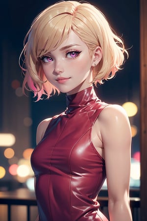 (masterpiece, best quality: 1.4), (1woman, solo), (a stand woman: 1.4), (pale skin), texture skin, (perfect face, expressive eyes, pink
eyes, eyeliner), gorgeous, (wavy bob cut blonde hair with fringe), (small bust), ((pink turtleneck leather dress with sleeveless)), (perfect body), soft skin, night background, ((cute face with low smile)), cowboy shot, blurry_background, ((looking to the side))