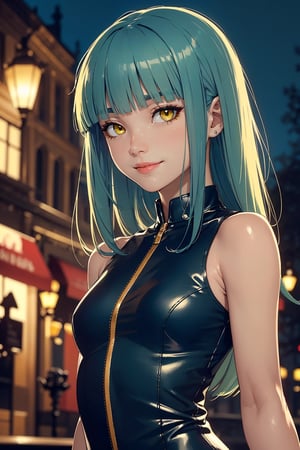 (masterpiece, best quality: 1.4), (1girl, solo), (a stand woman: 1.4), (tanned skin), texture skin, (perfect face, expressive eyes, yellow
eyes, eyeliner), gorgeous, (long straight bluish green hair with blunt bangs), (small bust), ((blue sleeveless leather dress)), bare shoulders, (perfect body), soft skin, night background, ((cute face with low smile)), cowboy shot, blurry_background, ((looking to the side))