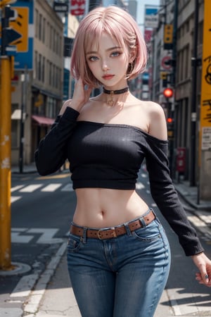 (masterpiece, best quality: 1.4), (1girl, solo), (a stand woman: 1.4), (pale skin), texture skin, (perfect face, expressive eyes, blue eyes, eyeliner), gorgeous, (bob cut pink hair with fringe), (mid breast), ((black striped long sleeve punk shirt)), (black bracelets), bare shoulders, denim pants, glow skin, low smile, standing on a graffiti street, sexy pose, (smile), (black choker), cowboy shot, arm up, looking at viewer, blurry_background.