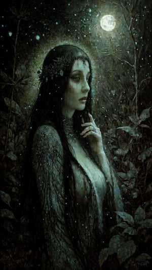 morbid detailed painting  by stanislaw_k  of a womn in the forest at moonlight , pastel, glitters , glimmers, insanely detailed textures , stanislaw_k illustration ,occult ,pagan art , fine art ,
