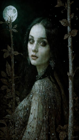 sophisticate developed painting  by stanislaw_k  of a womn in the forest at moonlight , pastel, glitters , glimmers, insanely detailed textures , stanislaw_k illustration ,occult ,pagan art , fine art ,