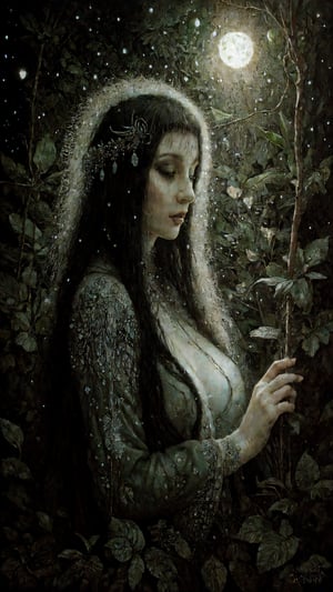 deluxe sumptuous detailed painting  by stanislaw_k  of a womn in the forest at moonlight , pastel, glitters , glimmers, insanely detailed textures , stanislaw_k illustration ,occult ,pagan art , fine art ,