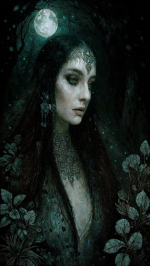 sophisticate specified painting  by stanislaw_k  of a womn in the forest at moonlight , pastel, glitters , glimmers, insanely detailed textures , stanislaw_k illustration ,occult ,pagan art , fine art ,
