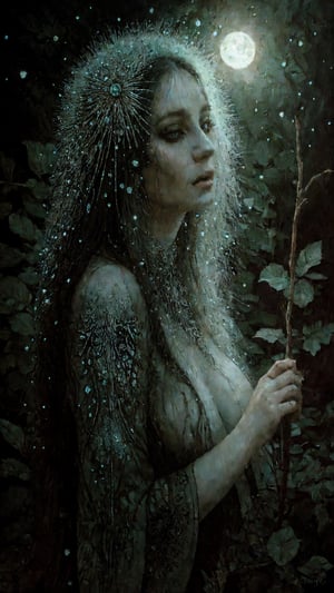 detailed painting  by stanislaw_k  of a womn in the forest at moonlight , pastel, glitters , glimmers, insanely detailed textures , stanislaw_k illustration ,occult ,pagan art , fine art ,