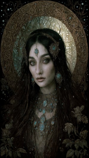 elaborate detailed painting  by stanislaw_k  of a pagan gypsy in the forest at moonlight , pastel, glitters , glimmers, insanely detailed textures , stanislaw_k illustration ,occult ,pagan art , fine art , middle-eastern figure , gorgeous ,