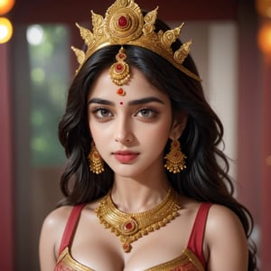 ((Masterpiece)), (best quality), (highly detailed)), Very Beautiful Goddess Durga, ((full body)), extremely detailed body,  sexy pose, Cute face, Beautiful eyes, Beautiful lips, Sweat, Beautiful eyes, Beautiful eyelashes, Beautiful breasts perfect features, and flawless face, Ultra-detailed, creating a visually stunning composition. 