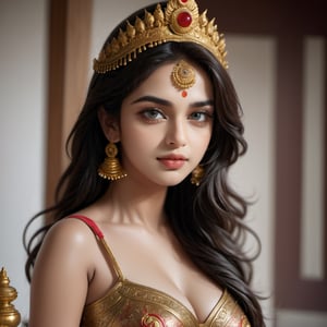 ((Masterpiece)), (best quality), (highly detailed)), Very Beautiful Goddess Durga, ((full body)), Cute face, Beautiful eyes, Beautiful lips, Sweat, Beautiful eyes, Beautiful eyelashes, Beautiful breasts perfect features, and flawless face, Ultra-detailed, creating a visually stunning composition. 