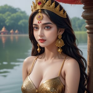 ((Masterpiece), (best quality), (highly detailed)), Very Beautiful Goddess Durga is like a Mermaid, Bathing, on a beautiful lake ((full body)), with beautiful breasts, big breasts, huge breasts, with perfect features, and flawless face. ultra-detailed, creating a visually stunning composition. 