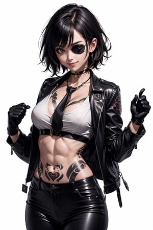 1girl, looking at viewer, smile, short hair, black hair, gloves, white background, navel, holding, jewelry, yellow leather jacket, open clothes, necktie, black gloves, pants, necklace, Hanya based tattoo, black pants, eyepatch, abs, toned, sarashi, one-eyed, tattoo, leather pants,YakuzaTattoo