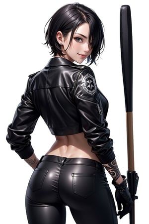 1girl, looking at viewer, smile, short hair, black hair, gloves, white background, navel, holding, jewelry, jacket, weapon, open clothes, necktie, black gloves, pants, necklace, Hanya based tattoo, back, black pants, eyepatch, abs, toned, sarashi, one-eyed, baseball bat, back tattoo, leather pants