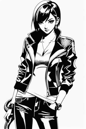 ((masterpiece)) 8k, (Miraculous: Ladybug ) (in a  Yakuza setting) (((art by yoji shinkawa))) hyper detailed () (((((1 girl snake leather jacket))) ()  background, white background, woman, rough_sketch, (()), pencil sketch (((full body))) (black and white) (((((small breast)))), Leonardo Style ,pencil sketch, illustration,Witchblade