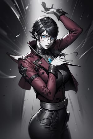 bayonetta 4k, (Ilya Kuvshinov style) (madhouse studio) potrait hyper detailed blue eyes, (black hair) with glases,monochrome,sketch,greyscale, detailed eyes,mature female