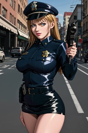 2_girls, solo, (masterpiece, best quality:1.4), extremely detailed face, perfect lighting, , , shenhernd, police, pantyhose, (boobs big 1.2) ,high heels,High detailed,sophisticated_style,police woman, fighting crime, street, leather police_uniform, police hat, pissed_off, holding gun, ,Kitami Reika, mini skirt, dominatrix ,aiming at viewer,
Close up,handgun