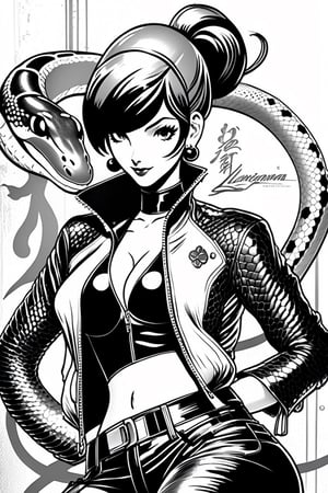 ((masterpiece)) 8k, (Miraculous: Ladybug ) (in a  Yakuza setting) (((art by yoji shinkawa))) hyper detailed () (((((1 girl snake leather jacket))) ()  background, white background, woman, rough_sketch, (()), pencil sketch (((full body))) (black and white) (((((small breast)))), Leonardo Style ,pencil sketch, illustration,Witchblade,lineart,LineAniAF