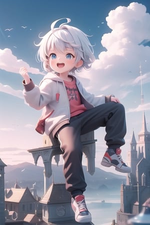 Boy, child,white hair, red hair, multi colored hair,  playing on air, mouth open smiling, fantasy , beautiful view, colorful clouds, boy child, urban clothing 