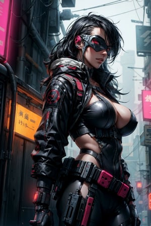 cyberpunk, woman, sexy, big breasts, futurstic, assassin, futuristic mask