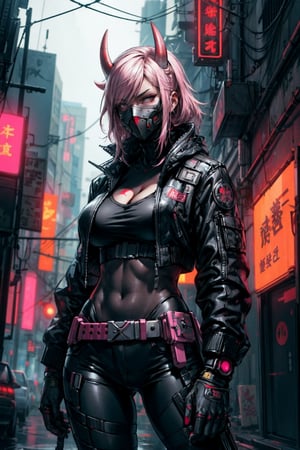 cyberpunk, woman, sexy, big breasts, futurstic, assassin, fully_clothed, futuristic mask, pink oni mask,