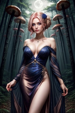 A bewitching anime woman with rose-gold hair, twisted into an elaborate updo, her piercing sapphire eyes framed by celestial markings. She wears an enchanted gown made of ethereal fabrics that shimmer in the moonlight. A mystical forest surrounds her, glowing mushrooms illuminating her path. detailed hands