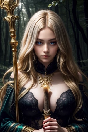 A captivating mage with golden blonde hair and piercing gray eyes. Set in an ethereal forest grove, the portrait captures her otherworldly elegance and the glow of her magical staff, sexy