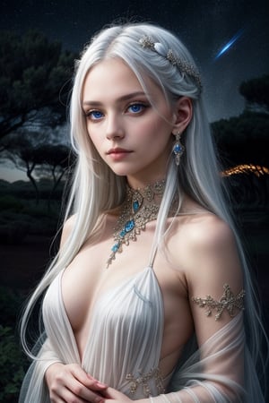 Woman with ice-blue eyes and white hair, pensive. Mystical grove with ethereal lights and celestial constellations.

