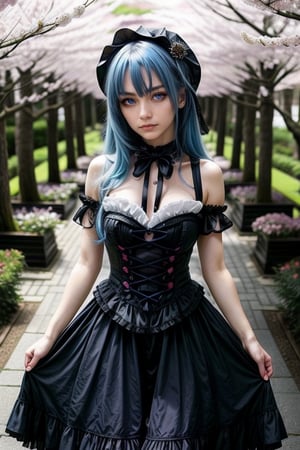 An alluring anime girl with cobalt blue hair and amber eyes, dressed in a Gothic Lolita outfit. She's in a whimsical, sakura-filled garden with an ethereal glow. Sexy