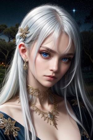 Woman with ice-blue eyes and white hair, pensive. Mystical grove with ethereal lights and celestial constellations.

