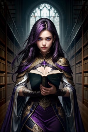 Woman with amethyst eyes and dark purple hair, curious. Library full of floating books and spectral guardians.