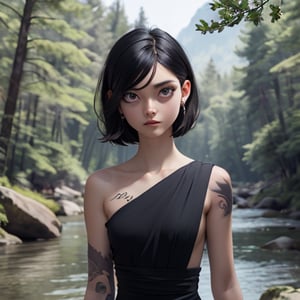 white and black_hair, purple_eyes , forest river background, black dress, bare_shoulder, face tatoo 