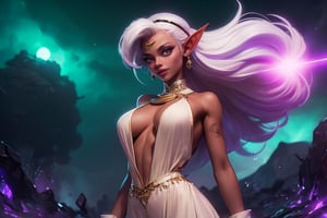 1 girl, asian, masterpiece, best picture, hourglass waist, belly button, elven_ears ,purple eyes, white hair, long hair, tanned skin, thick eyebrow, thick thigh, big ass, medium height, wearing (white and violet elegant gown, underboob, shoulders exposed, sexy , full body, lightining tatoos, storms, clouds volumetric light, (optical flare effect:1.2), lens 50mm, medium depth of field, raytrace, jaguar art, 8k, holding a white gemstone and showing to the viewer, sexy smile, discreet smile, seductive smile, seductive look,gldot,Pirotess,alluring_lolita_girl