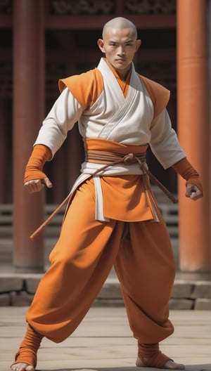 Illustration of a steampunk monk in a beautiful training ring, standing in an open arena, , ancient asian training ground background. Surreal warforged Art Style, Shaolin monk,best quality. smooth, lithe form. Chinese shade headgear. bo staff. orange and white shaolin monk garb with one sleeve. thin and agile body. simple, smooth head. loose, black pants that are tight at the ankle. Shaolin fighting pose. long loin cloth touching the ground. large Mortal Kombat Raiden hat.,best quality, skin is wood. face is metal. center cloth drapes down to the ankles. monkey motif helmet