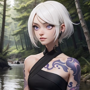 white and black_hair, purple_eyes , forest river background, black dress, bare_shoulder, face tatoo 