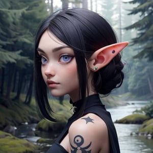 white and black mixed_hair, purple_eyes , elf, forest river background, black dress, bare_shoulder, face tatoo 