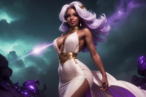 1 girl, masterpiece, best picture, hourglass waist, belly button, purple eyes, white hair, long hair, tanned skin, thick eyebrow, thick thigh, big ass, medium height, wearing (white and violet elegant gown, underboob, shoulders exposed, sexy , full body, lightining tatoos, storms, clouds volumetric light, (optical flare effect:1.2), lens 50mm, medium depth of field, raytrace, jaguar art, 8k, holding a white gemstone and showing to the viewer, sexy smile, discreet smile, seductive smile, seductive look,gldot,Pirotess,alluring_lolita_girl