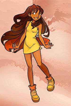 1 girl, masterpiece, best quality, (((brown skin))) , happy, brown hair, long hair, brown eyes, smile, hands on heart, basic background, clouds, full body,Jabcomix
