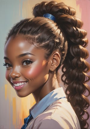 very intricate painting, visible brush strokes, nice lighting from behind, beautiful, african american girl, afro ponytail, blush, 28 year old, portrait, light smile