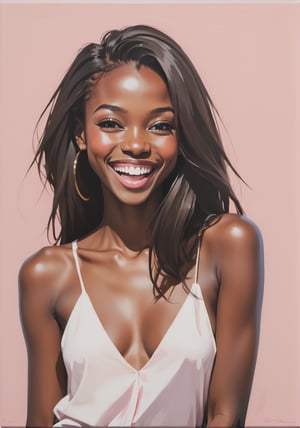 Minimalist painting, minimal design, sexy, african girl, straight hair, blush, 20 year old, portrait, happy, laugh