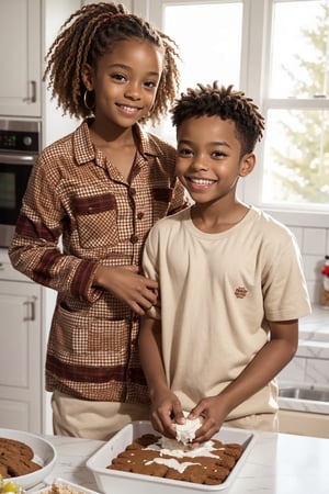 two african american kids, brown_skinned, in kitchen for winter holidays, messy kitchen, making gingerbread house, (best detail), (ultra-detailed), (best quality), happy kids, 14 year old and 7 year old, wearing plaid pajamas, happy, laugh, full lips, perfect skin, clean skin, brown_skinned, dark_skin, gingerbread man, gummy bears, frosting, colorful