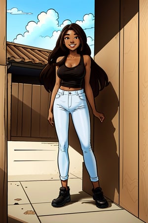 1 girl, masterpiece, best quality, (((brown skin))) , happy, brown hair, long hair, brown eyes, smile, hands on heart, basic background, clouds, full body, Jabcomix, hyper realistic shading, source_comic