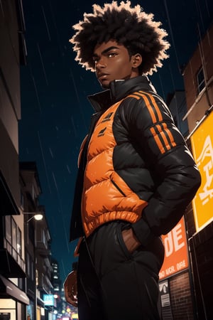 black man, african american, orange eyes, lean figure, athletic, skinny, black afro, 20 years old, adult, dark skin, brown skin, seductive, detailed eyes, masculine, man

view from front, dynamic angle, standing, serious, puffer jacket, slum buildings, soccer uniform, raining, night sky, street lights

good line art, masterpiece, detailed, abstract background, high quality, 16k, drawing, high_res, semi-realistic, agawa