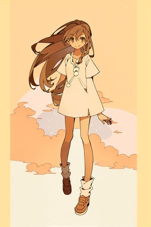 1 girl, masterpiece, best quality, (((brown skin))) , happy, brown hair, long hair, brown eyes, smile, hands on heart, basic background, clouds, dr24jab, full body