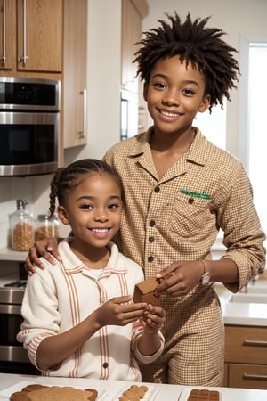 two african american kids, brown_skinned, in kitchen for winter holidays, messy kitchen, making gingerbread house, (best detail), (ultra-detailed), (best quality), happy kids, 14 year old and 7 year old, wearing plaid pajamas, happy, laugh, full lips, perfect skin, clean skin, brown_skinned, dark_skin, gingerbread man, gummy bears, frosting, colorful
