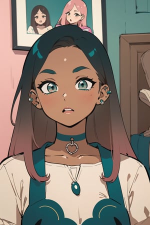 1girl (((brown skin))), african american, brown eyes, looking at viewer, eye contact, long length hair, straight hair, black hair, blush, slender, 28 years old, (((teal))) dress, brown skin, loose hair, hair out, choker necklace, standing, same height as viewer, cute facial expression, grown woman, striaght forward, mouth open, eyes open, gasp, girl's room, room with posters and trinkets, ear piercings, narrow face, middle part, hour glass figure

extreme closeup shot, Cartoon, 3d, agawa, 1girl, censored, pink hair highlights, pink IncursioDipDyedHair,n64style,realism
