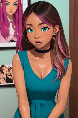 1girl (((brown skin))), african american, brown eyes, looking at viewer, eye contact, long length hair, straight hair, black hair, blush, slender, 28 years old, (((teal))) dress, brown skin, loose hair, hair out, choker necklace, standing, same height as viewer, cute facial expression, grown woman, striaght forward, mouth open, eyes open, gasp, girl's room, room with posters and trinkets, ear piercings, narrow face, middle part, hour glass figure

extreme closeup shot, Cartoon, 3d, agawa, 1girl, censored, pink hair highlights, pink IncursioDipDyedHair,n64style,realism