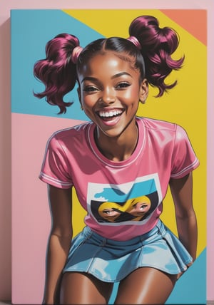 pop art painting, skater vibes, sexy, african girl, two ponytails, blush, 20 year old, portrait, happy, laugh