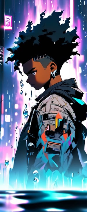 A black boy, 22 years old, rain, puddles, cyberpunk, 32k, highly detailed, sci fi, abstract