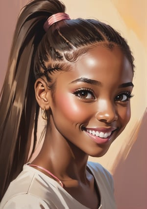 very intricate painting, visible brush strokes, nice lighting from behind, beautiful, african american girl, long_ponytail, blush, 28 year old, portrait, light smile