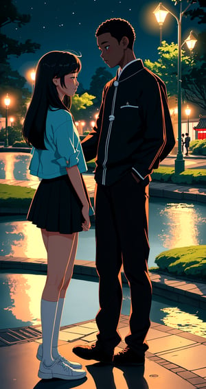 (((black boy))), (((asian girl))), teens, in love, park, night time, street light, pond