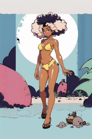 1girl, (((afro.1.3))), black skin:1.3, light brown skin:1.4, skirt, white_bikini_top, barefeet, jungle, happy, birds, water, splash, plants, foliage, vegetation, agawa, slender, toned legs, hourglass_figure, shiny skin, 22 years old